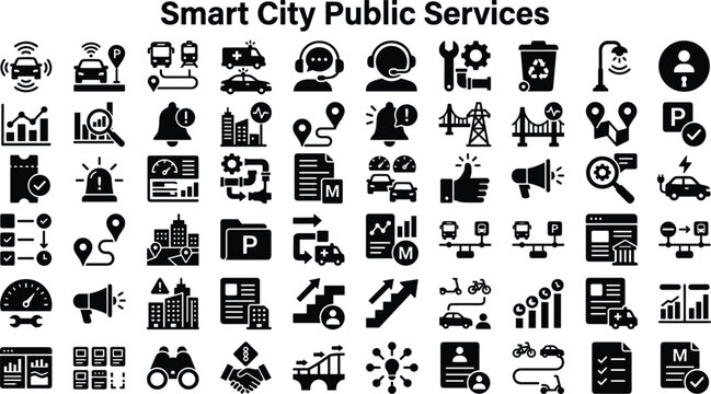 Smart city public services icon set with transport utilities monitoring safety communication infrastructure editable vector collection urban technology systems
