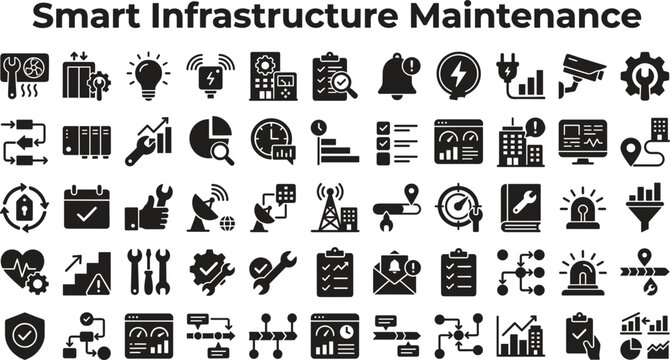 Smart infrastructure maintenance icon set with utilities monitoring repair analytics IoT sensors buildings editable vector collection technology management systems