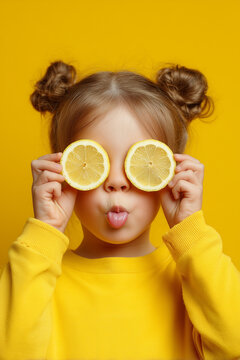 a child with light skin and light brown hair in two buns is centrally framed, holding a half lemon slice in each hand