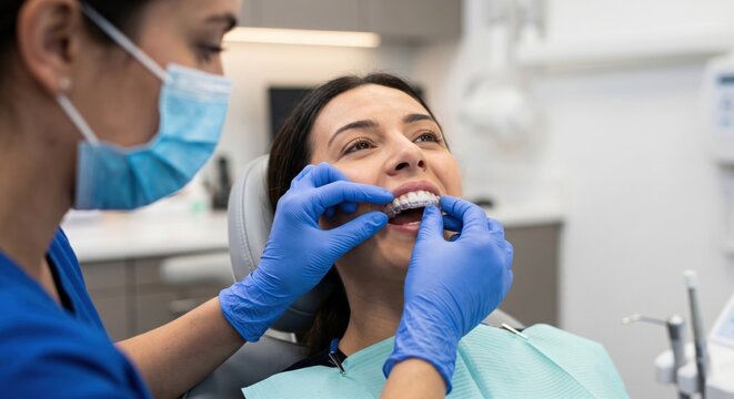 Orthodontist fitting clear aligner onto teeth shows modern orthodontic treatment, patient instruction and practical aligner care in orthodontics clinic setting.