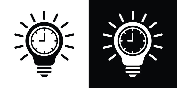 Light bulb icon with a clock face inside and shining rays. Represents time management, deadline awareness, efficient planning, and strategic thinking. Black and white vector design.