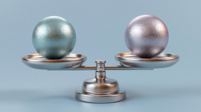 Two metallic spheres rest on a delicate scale. Their surfaces gleam with subtle, contrasting textures. The balance suggests harmony between opposites. Ideal for themes of comparison, choice