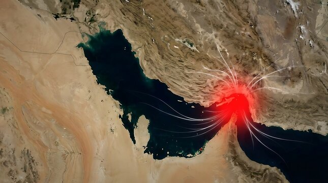 Dramatic aerial view of the dead sea with vibrant red algae bloom and dark waters