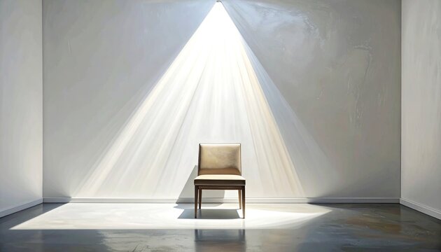 A solitary chair bathed in dramatic light in an empty room, evoking a sense of isolation and contemplation