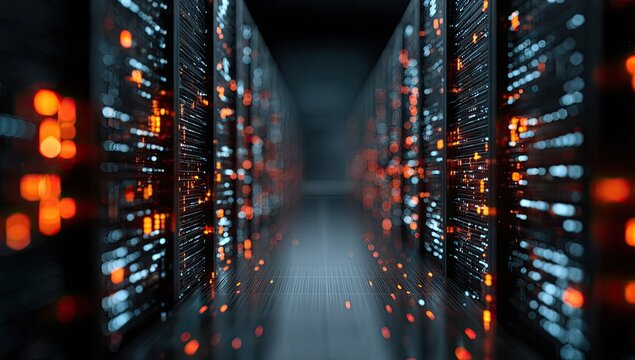Illuminated Server Racks in a Modern Data Center Corridor.
