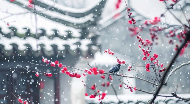 Winter snow falls on plum blossoms blooming on an ancient Chinese roof with a magpie perched, red flowers close-up, white walls, and distant snowy landscape.