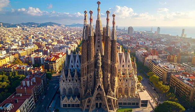 High Angle Sunset View of the Sagrada Familia Basilica in Barcelona