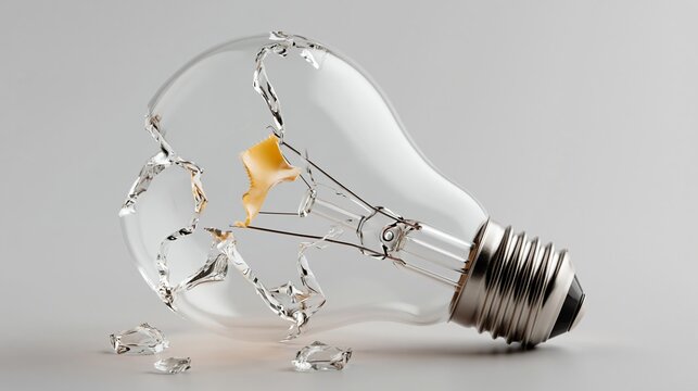 Broken light bulb lies on a neutral surface. Fragments scatter around its shattered base. The filament glows faintly inside the glass. This symbolizes failure, breakage, or sudden end