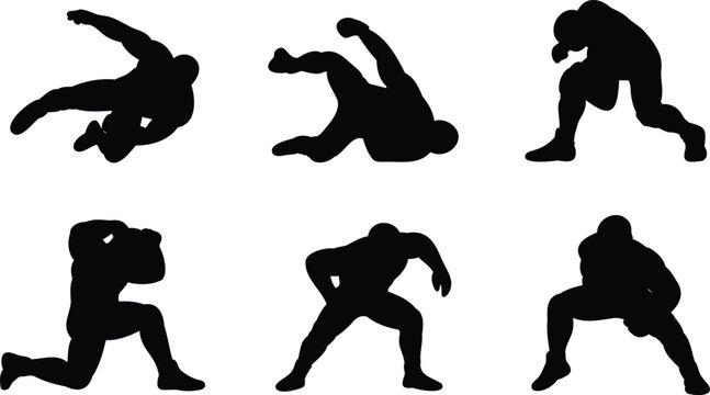 Set of six black silhouettes of male figures in various dynamic poses on white background