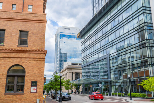 Norfolk Virginia - April 20 2026: Main Street with Skyscrapers in Downtown Norfolk Virginia on a Overcast Day