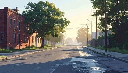 Fototapeta premium Quiet urban street at dawn, with classic brick buildings, mature trees, and reflective puddles on the asphalt road, bathed in soft light, for a tranquil urban view