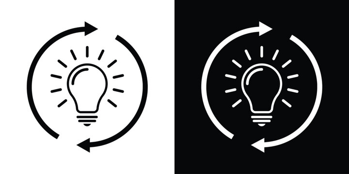 A lightbulb icon enclosed in a circular arrow, symbolizing energy efficiency, recycling, sustainability, continuous improvement, and the cycle of innovative ideas, flat vector style.