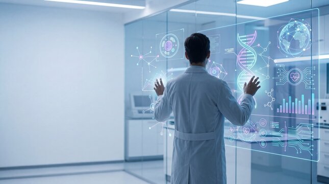 Male scientist interacting with futuristic hologram interface in laboratory analyzing DNA helix and data charts on glass screen biotechnology research concept medical innovation