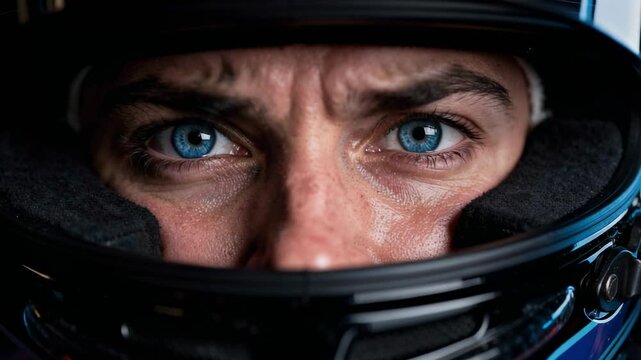 Close up of race car driver with intense blue eyes behind helmet visor in high resolution 4K footage