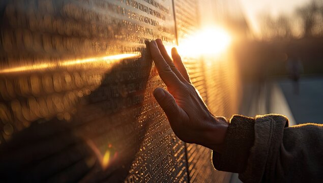 Hand Touching Vietnam Veterans Memorial Wall at Sunset.