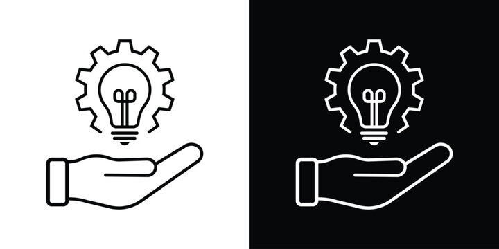 A hand holding a lightbulb integrated with a gear, symbolizing technical support, innovation, maintenance, and expert service in a flat, minimalist vector icon style.