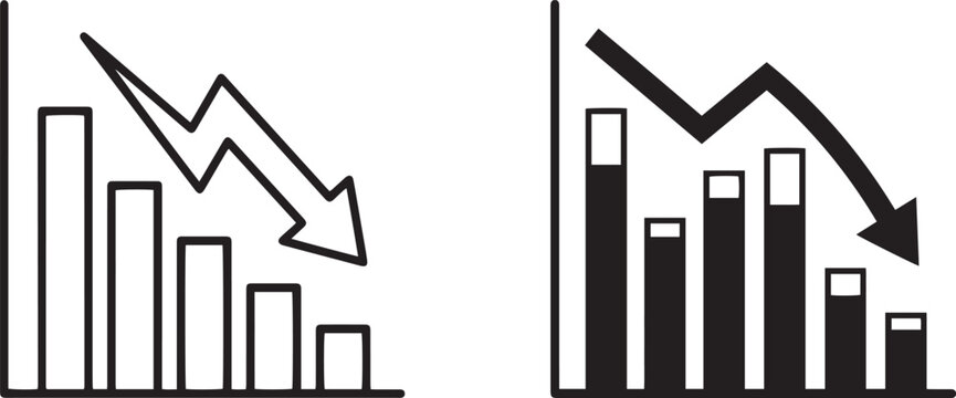 Flat vector icon set featuring bar charts with downward arrows representing financial loss market recession business decline and negative economic data statistics