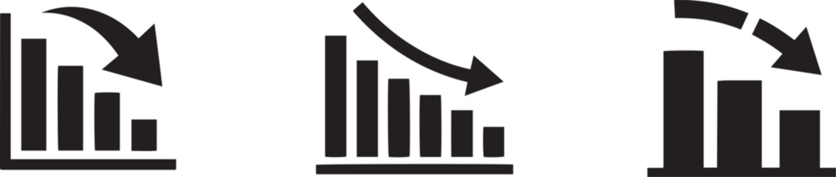 Flat vector icon set featuring bar charts with downward arrows representing financial loss market recession business decline and negative economic statistics