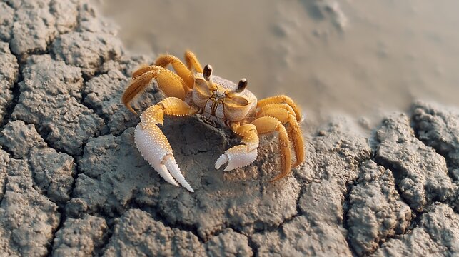 Tiny crab scurries across cracked, sun-baked mud. Its claws grip the earth as it moves forward. Warm light glints off its shell, showing resilience. This scene captures survival in arid