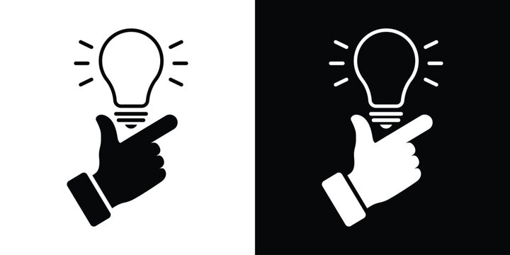 Vector icon depicting a hand gesture activating a glowing lightbulb. Represents sudden inspiration, a lightbulb moment, quick creative ideas, achieving success, and smart, fast thinking.