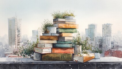 Obraz premium Stack of Books with Plants and Cityscape Background.