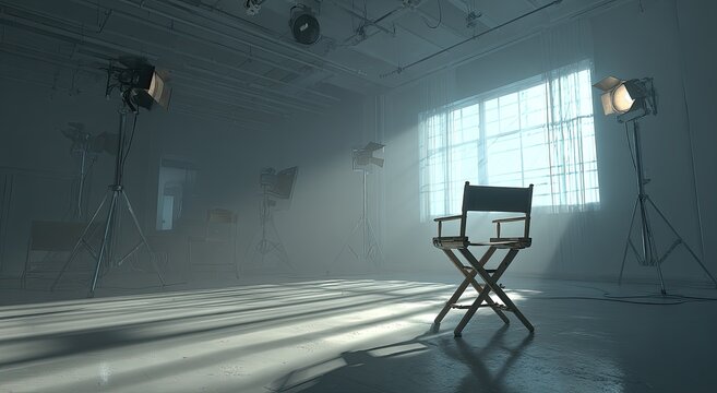 Empty Film Studio Set with Directors Chair and Dramatic Lighting.