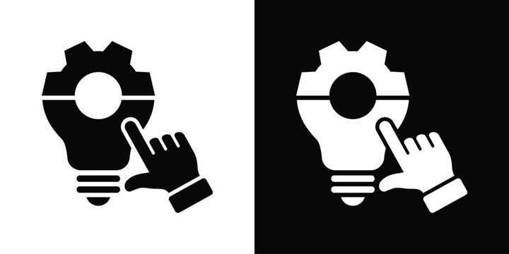 Flat icon of a hand selecting a gear-shaped lightbulb. Ideal for concepts of technical support, engineering solutions, manual control over innovation, and smart, efficient manufacturing processes.