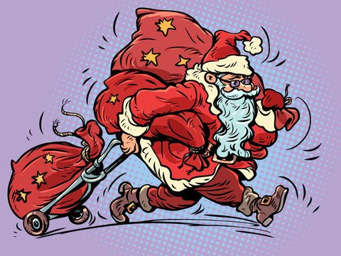 Santa Claus brings gifts. Buy Christmas decorations and decor. Special offers for holiday customers.