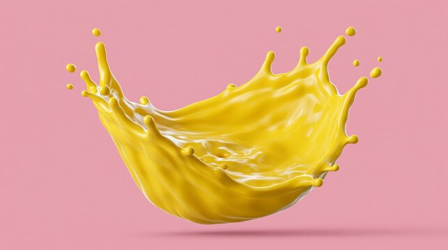 Vibrant yellow liquid explodes in midair against soft pink backdrop. Each droplet catches light with glossy, fluid motion. The splash forms an upward curve, suspended in perfect balance