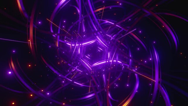 Infinite seamless VJ loop traveling through a complex geometric structural tunnel with luminous rings and radiant particles against an atmospheric void