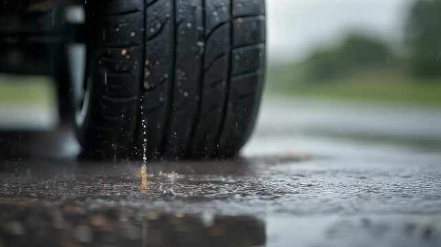 Car tire splashing through puddles on wet rainy road showing excellent grip and performance in 4K