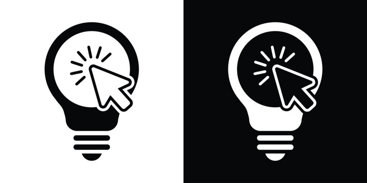 Vector icon showing a computer mouse cursor clicking on a lightbulb. Represents digital choice, selecting the best idea, online brainstorming, user interaction, and interactive innovation strategies.