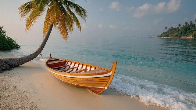 Sunlit beach with a lone wooden boat resting near gentle waves. Palm tree leans gracefully over the sand, framing the scene. Clear turquoise water laps the shore, inviting calmness