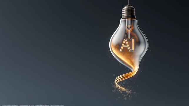 Glowing bulb holds AI symbols within its glass. Golden light swirls like a whispering current. Dark backdrop contrasts the illumination. It suggests innovation and digital transformation