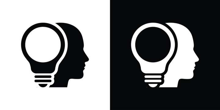 Minimalist icon of a human head silhouette containing a glowing lightbulb. Symbolizes creativity, deep thinking, insight, brainstorming, mental clarity, and intellectual development for education.