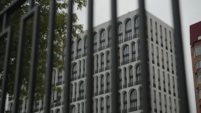  The facade of a building with unusual windows in the center of Moscow. Dolly camera