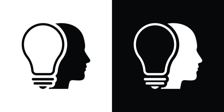 Minimalist icon of a human head silhouette containing a glowing lightbulb. Symbolizes creativity, deep thinking, insight, brainstorming, mental clarity, and intellectual development for education.