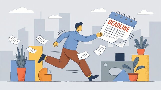 Overwhelmed employee rushing against the clock, struggling with time management and urgent tasks, personifying the intense pressure of approaching work deadlines in a busy urban setting