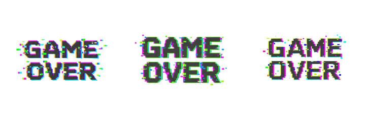 Game Over Text with Retro Digital Glitch Effect Isolated on White Background - Video Game Culture, Cyberpunk Aesthetic, Gaming Failure Screen, and Modern Graphic Design Element © Petesh