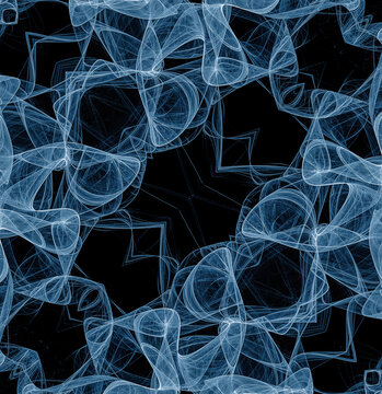 Abstract fractal texture. White-blue light transparent veils create a pattern on a black background. 3D rendering. 3D illustration.