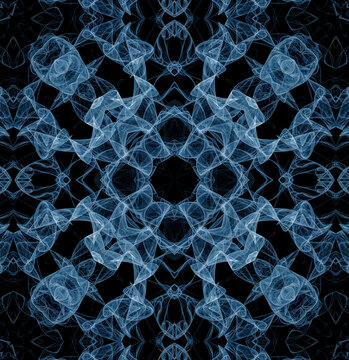 Abstract seamless fractal flying rhythmic pattern on a black background. Openwork transparent veils diverge from the center to the sides. 3D rendering. 3D illustration.