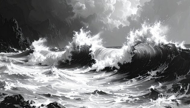Dramatic black and white depiction of powerful ocean waves crashing against a rocky shoreline under a stormy sky, capturing the raw energy of nature