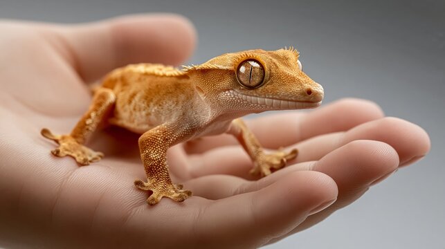 Soft light highlights a tiny orange gecko. Its big eyes gaze calmly toward the camera. Fingers cradle the lizard gently and carefully. The gecko's textured skin shows fine detail