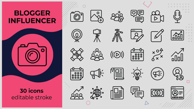 Blogger influencer thirty icons set for social media and marketing on gray background