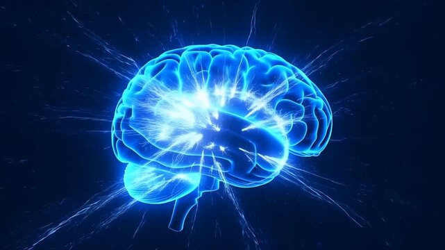 A glowing futuristic human brain, neon blue color, highly detailed anatomy
