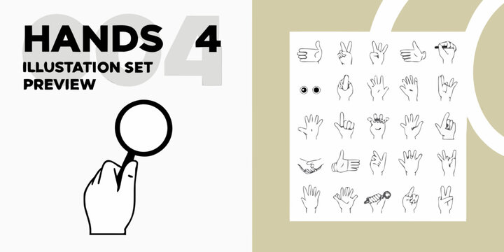 Hands illustration set preview showcasing various hand gestures and a magnifying glass