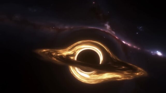 A supermassive black hole in deep space, glowing accretion disk swirling rapidly around it