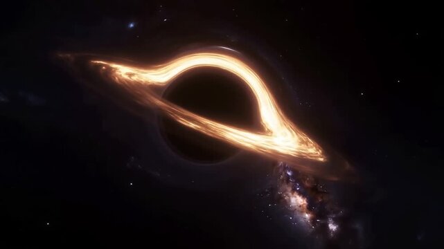 A supermassive black hole in deep space, glowing accretion disk swirling rapidly around it
