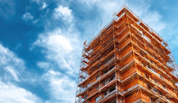 Modern High-Rise Building Under Construction Against a Blue Sky.