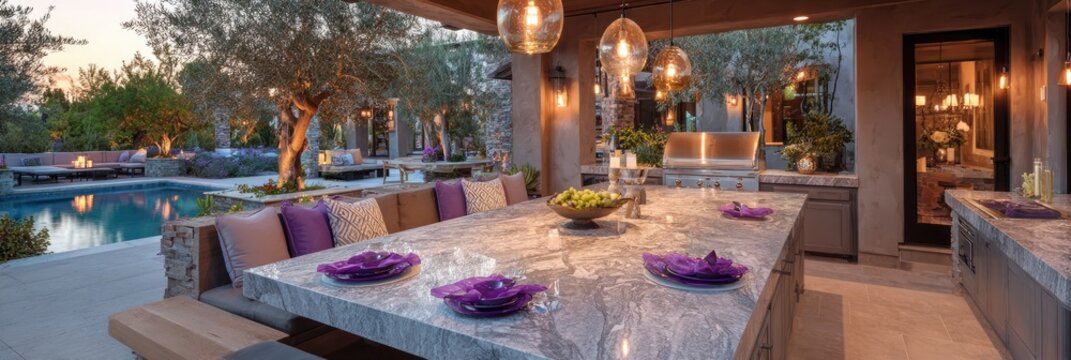 Luxurious outdoor dining area with pool and ambient lighting at dusk.